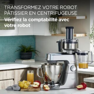 Centrifugeuse Kenwood AT641A en métal gris avec tamis en acier inoxydable, conçue pour les robots Chef et Major, 400W, capacité de 1 litre, équipée d'un double sens de rotation et d'un gobelet anti-éclaboussures.