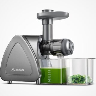 Extracteur de jus Aobosi gris, avec moteur silencieux de 150 W, gobelet à jus inclus, conçu pour des jus riches en nutriments à faible vitesse et fonction reverse pour un nettoyage facile.