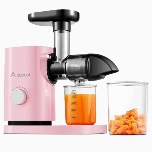 Extracteur de Jus Aobosi, presse à froid pour fruits et légumes, avec fonction inverse, moteur silencieux, 150W, couleur rose.