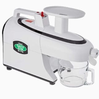 Extracteur de jus Tribest Greenstar Elite 5000, extraction triphasée, système antioxydant, moteur de 800W, pichet en verre, rotation lente à 110 tr/min.