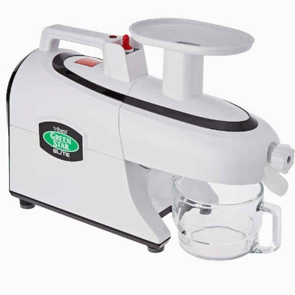 Extracteur de jus Tribest Greenstar Elite 5000, extraction triphasée, système antioxydant, moteur de 800W, pichet en verre, rotation lente à 110 tr/min.
