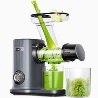 Extracteur de jus AMZCHEF ZM1532, 150W, compact, sans BPA, goulotte de 50 mm pour fruits et légumes, moteur silencieux et protection contre la surchauffe.