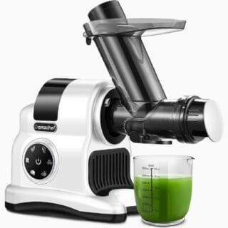 Extracteur de jus AMZCHEF, 2 vitesses, grande goulotte de 80mm, mode inverse, blanc, 150W, silencieux, avec garantie de 2 ans.
