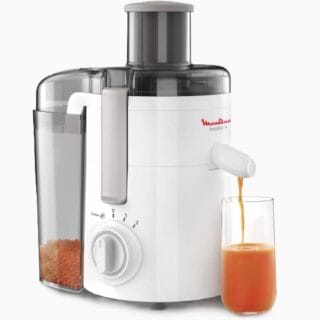 Moulinex Frutelia+ JU3701 avec large ouverture de 60 mm, 350 W de puissance, fonction Pulse, 2 vitesses, et pièces compatibles lave-vaisselle.