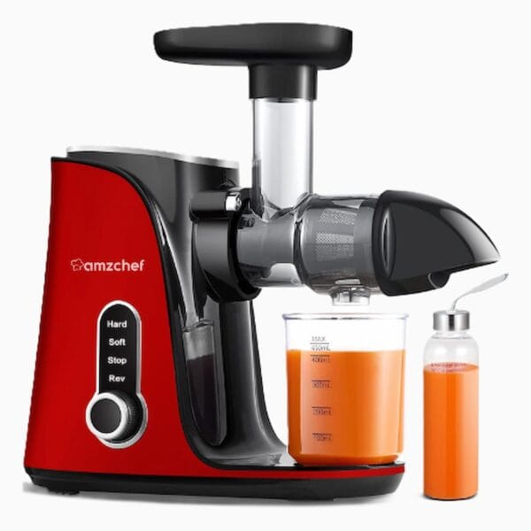 AMZCHEF Extracteur de Jus avec Double Vitesse Modes (Soft et Hard) - Extracteur de Jus de Fruits et Légumes - Juicer Machine avec Bouteille à jus Portable et 2 Tasses - Rouge [Classe énergétique A+++]